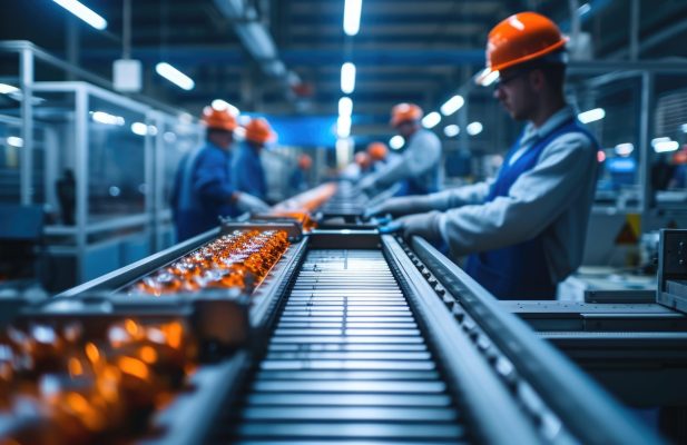 A group of men are engaged in mass production on a conveyor belt in a factory, utilizing machines and engineering skills. AIG41